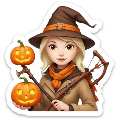 female human monster hunter emoji, wearing brown coat and hat, holding crossbow, soft smile, scarf, glowing pumpkin by her side, Halloween fantasy style, clean vector Apple emoji look, bright colors, white background, square sticker
