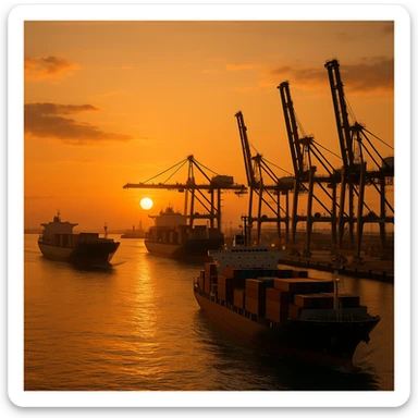 photorealistic port at sunset, warm lighting, cargo ships sticker