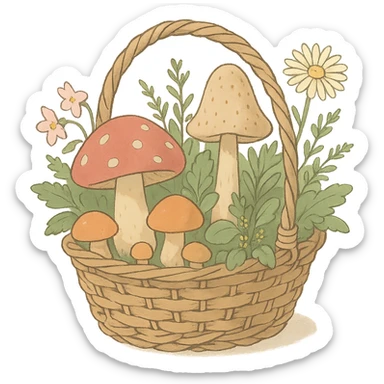 basket full of forest goodies with mushrooms, herbs, flowers in soft pastel colors, soft Ghibli style sticker