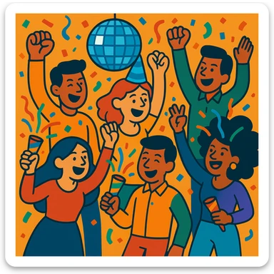 A group of friends at a party, some holding party poppers, vibrant cartoon style, with a disco ball overhead. sticker