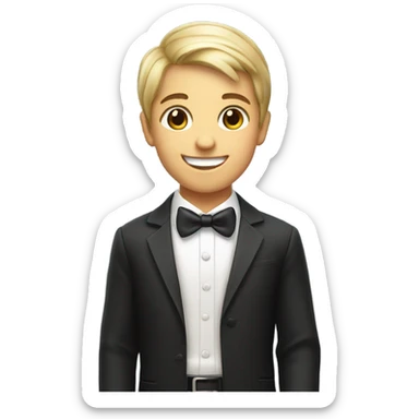 smiling boy in formal attire holding soda sticker