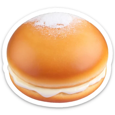 a single Berliner Krapfen, round, golden-brown, no hole, generously dusted with powdered sugar, with visible jam filling sticker