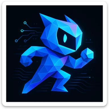 modern abstract mascot with geometric forms, subtle tech elements like circuit lines and digital waves, sense of movement, neon gradients and glowing accents in blue cyan and purple on black background, clean professional energetic creative tech portfolio sticker