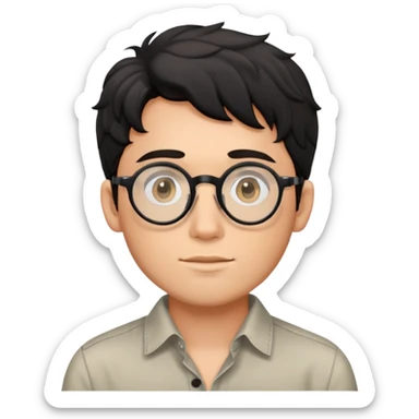 Torso view of young man with black wavy hair, round glasses, casual buttoned shirt, no tie sticker