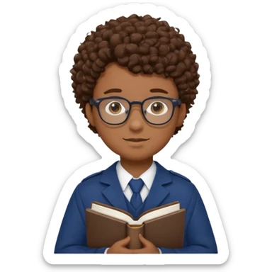 Boy student wearing uniform, glasses, hold book in front of their chest, brown curly hair, dark skin sticker