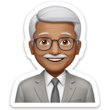70 yr old indian man, short straight white hair brushed foreward , light grey business suit, big smile, dark brown skin, no moustache, dark brown eyes, glasses
 sticker