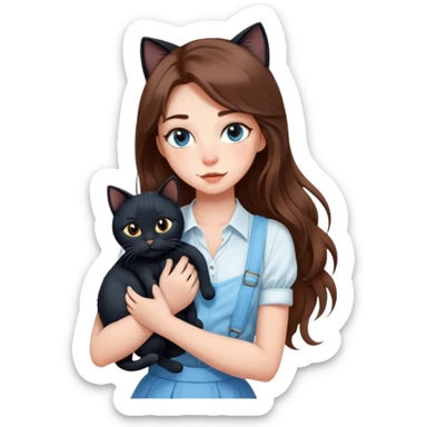 A sexy girl with long hair wearing a light blue suspender skirt hugs a black cat tightly sticker