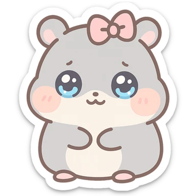 a small, round gray hamster with watery eyes and a pink ribbon on its head, kawaii style sticker
