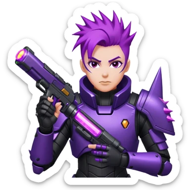 A space bounty hunter with spiky purple hair, black armored suit, and a glowing plasma gun. sticker