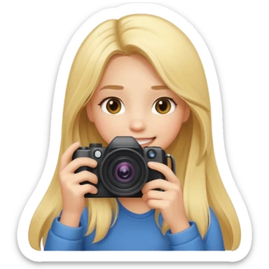 blonde girl photographer cartoon taking picture in middle of taking picture camera in front of face long hair smiling funny flash professional camer sticker