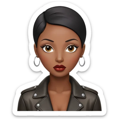 Gorgeous woman shiny black hair no eyebrows leather jacket Alluring black woman wide nose bald head big glossy lips sticker