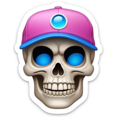 a skull looking off centre by 45 degrees. Wearing a pink baseball cap with a blue “B” motif sticker