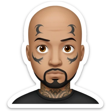 đàn ông 30 tuổi, da đen, đầu trọc, râu quai nón đen, có hình xăm trên mặt, áo đen, mặt nghiêm túc sticker