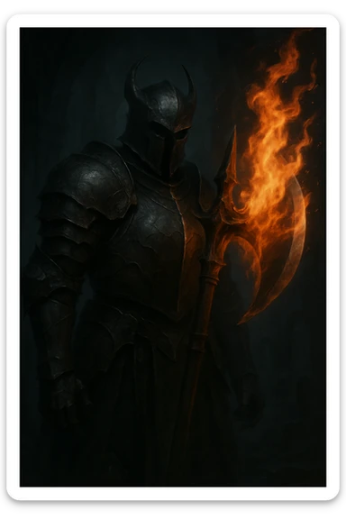 Make the flaming halbert super realistic, held by a scary, armored knight in a dark fantasy setting with dramatic lighting. Keep the background dark and moody, emphasizing realism and fantasy atmosphere. sticker
