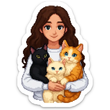 Change the girl's hair color to brown and have her hug three cats, each a different color, in the style of pixel art. Remove the background. sticker