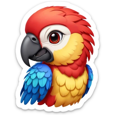 Cinematic Realistic Cute Macaw Portrait Emoji, Head tilted playfully and inquisitively, featuring a compact, lively build with intricately detailed, vivid scarlet and blue feathers and a charming, expressive face with round, sparkling eyes full of tropical wonder, rendered with realistic texture and vibrant natural hues, high shine, affectionate and spirited, styled with a touch of whimsical rainforest charm, soft glowing outline, capturing the essence of a mischievous yet lovable macaw that seems poised to flutter playfully into your arms! sticker
