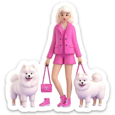 girl in pink Chanel-style outfit with white Samoyed dog sticker