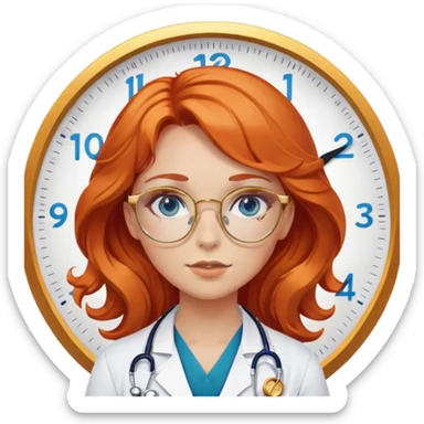 Girl doctor wavy orange red hair blue eyes in gold glasses , a clock nearby sticker