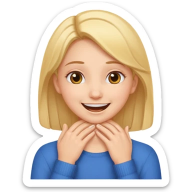 a girl smiling with her hands around her throat sticker