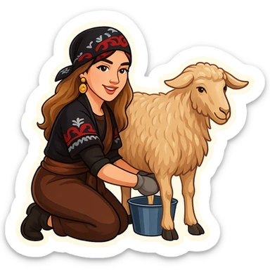 Kurdish cartoon sticker of the same woman in the new Kurdish dress milking a standing goat. The woman's hands are on the udder, and the bucket is clearly placed between the two back legs behind the goat in the correct position. Realistic and clear cartoon style, no text, transparent background. sticker