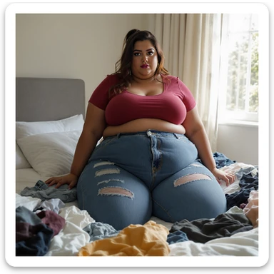 realistic plus-size woman in bedroom, jeans stuck on swollen thighs, seams bursting like balloons, clothes thrown everywhere, vertical format sticker