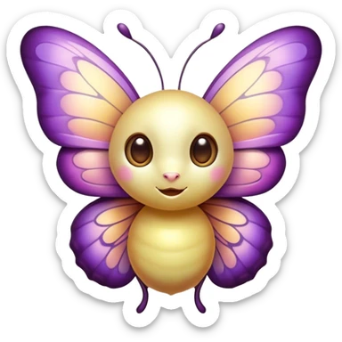 Cinematic Cute Butterfly Portrait Emoji, Head tilted playfully and inquisitively, featuring a charming, petite form with intricately detailed, softly tinted wings and round, sparkling eyes full of gentle wonder, Simplified yet irresistibly adorable features, highly detailed, glowing with a warm, inviting pastel glow, high shine, affectionate and lively, stylized with a touch of whimsical garden charm, soft glowing outline, capturing the essence of a mischievous butterfly that seems as if it could dance out of the screen into your arms! sticker