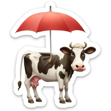 cow with an umbrella wearing a hat with a person on its back sticker