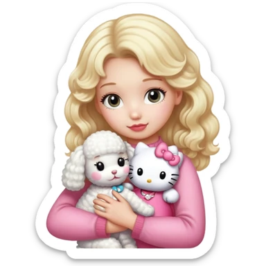 Blonde girl hugging her a poodle and a hellokitty sticker