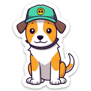 My dog Frankie wearing a trucker hat with  triangle fit clinic logo sticker