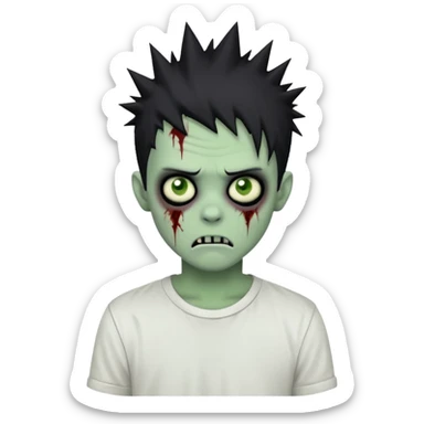 zombie boy with spiky black emo hair, pale green skin, white shirt sticker
