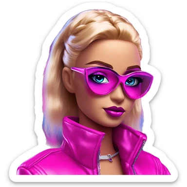 Synthwave hacker in Barbie style, oil paint, epic eyes, intricate lips, exquisite pose, beautiful, desirable, logical sticker