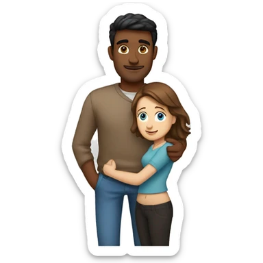 Couple embracing with arms around each other; white woman with blue eyes and brown hair, Indian man with black hair  sticker