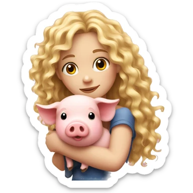 pretty curly long blonde girl hugging a pig sticker