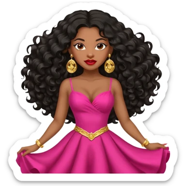 confident Black woman with long black wavy hair, pink lipstick, red dance dress, big earrings, mature look sticker