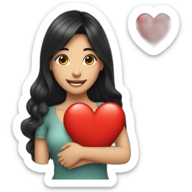  20 year old woman with long black hair hugging a red heart very happy sticker