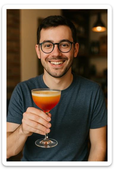 A person with glasses holding a cocktail glass sticker