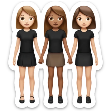 emoji of a girl with long, straight light brown hair, fair skin, soft brown eyes. Wearing a stylish black top and mini skirt. Full-height, standing confidently with shoulders back, head up, smiling proudly. Surrounded by 3 women next to her, holding hands. women are of diferent race sticker