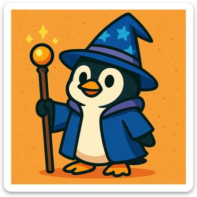 cute cartoon style penguin dressed as a wizard, wearing a pointed hat and holding a magic staff sticker