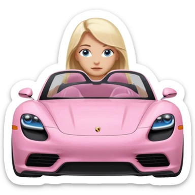 pink Porsche taycan with blonde girl, long hair, blue eyes, sitting in the car, front view point of view, no sunglasses sticker