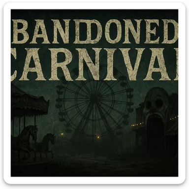 creepy banner, abandoned carnival, broken rides, eerie lights, unsettling atmosphere, vintage horror style sticker