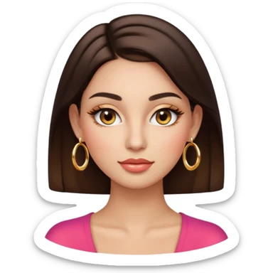 Front-facing woman emoji, light warm peach skin, medium-dark brunette hair, gold hoop earrings, glossed lips, false upper eyelashes, rounded glossy emoji style (inspired by Apple) with soft gradient shading and specular highlights. sticker