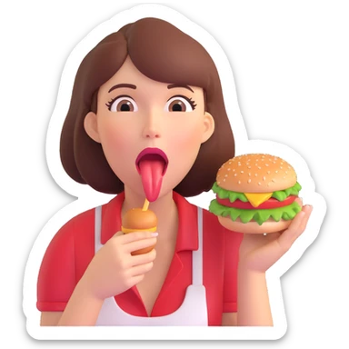 woman with tongue out, drooling, reaching for a burger, strong hunger sticker