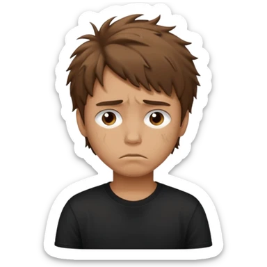 generate a pretty tan bratz boy with brown messy hair looking sad. Wearing a black tshirt sticker