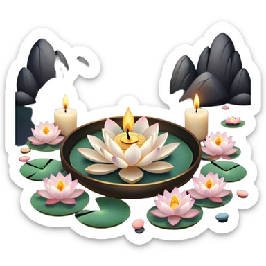 A photorealistic icon featuring lotus flowers, burning candles, incense sticks, smooth meditation stones, and a tranquil setting with soft, calming natural elements. Subtle, peaceful colors and detailed textures that evoke a sense of mindfulness and inner peace. Transparent background sticker