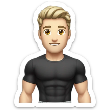 amazed Pale skinned Fit Man With the biceps and dark brown hair in black shirt, gray sports shorts and white Sneakers sticker