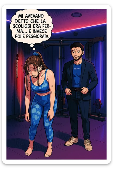 fai questa immagine in versione fumetto/manga/webtoon a colori, il manga mostra la donna disperata con un fumetto sulla testa che dice:
Mi avevano detto che la scoliosi era ferma… e invece poi è peggiorata.
 sticker