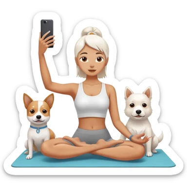 insta girlie doing yoga and white dog near her. she is taking selfie  sticker