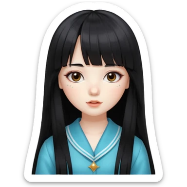 pale girl , who has silky straight extremely long black hair with bangs , chestnut monolid eyes , and doll like makeup , dressed like a kpop idol , has freckles sticker