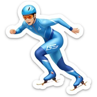 An icon showing a speed skater in a dynamic pose racing on a professional ice track, dressed in an aerodynamic suit. The scene includes a stadium with cheering crowds, icy reflections, and a snowy mountain backdrop. Transparent background captures the speed and intensity of the sport. sticker