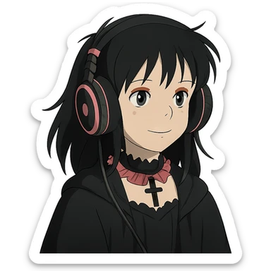 gothic headphones, black and pink colors, ghibli style sticker